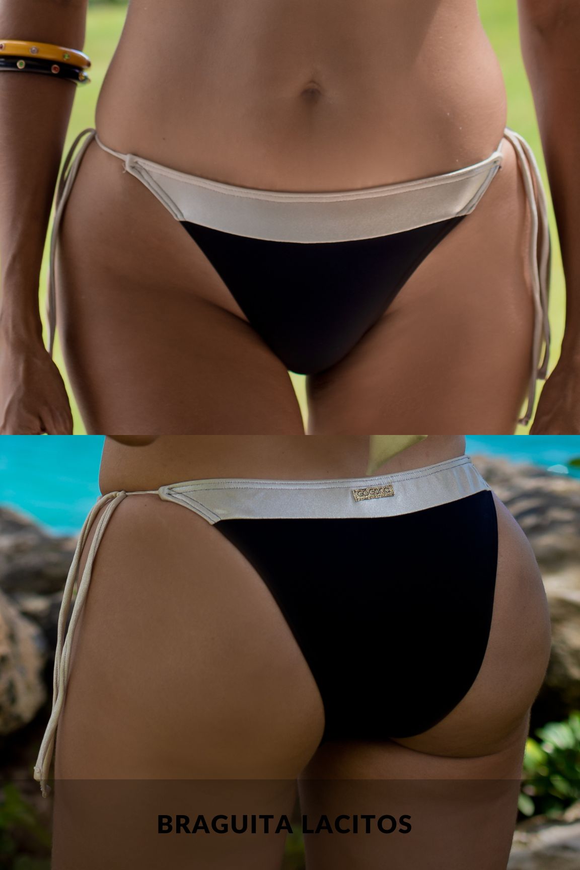 Bikini Bandeau Regulable Negro y Dorado, Saona