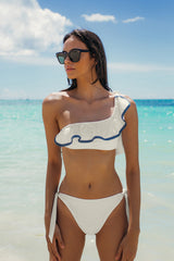 Top Bikini Asimétrico Volante Beige y Azul Zahara