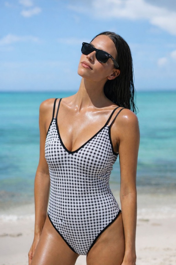 Bañador Escote Estampado Cuadritos Vichy Negros, Panamá