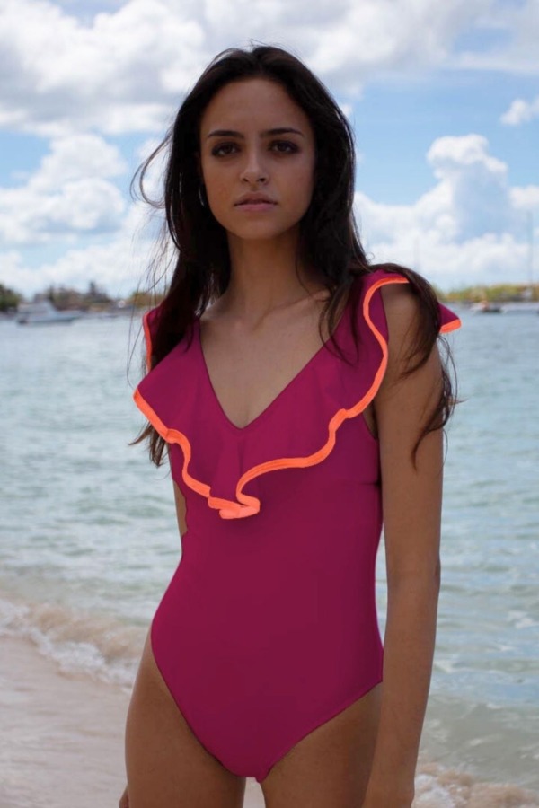 Bañador Rosa y Naranja Flúor Vivo Mujer Volante, Sevilla